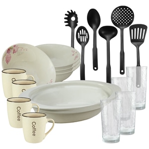 Serviciu de masa, 4 persoane, 19 piese, cana crem, bol, tava termo, ustensile bucatarie, pahare sticla, Portelan decorat cu Orhidee
