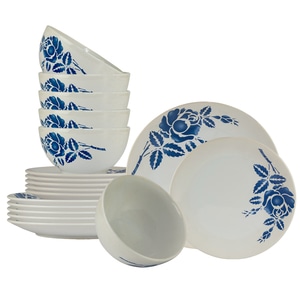 Set Complet Serviciu De Masa, Blue Rose, 18 piese, Cesiro, Alb Lucios cu trandafiri albastrii