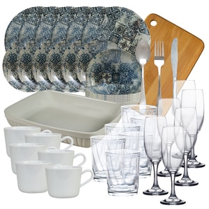 Set de masa cu farfurii, Blue Ash, 56 piese, Crem/Albastru