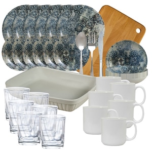Set de masa cu farfurii, Blue Ash, 50 piese, Crem/Albastru