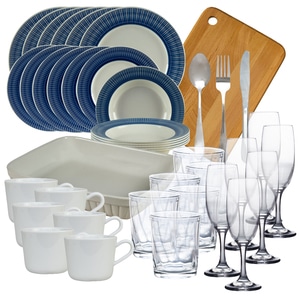 Set de masa cu farfurii, Striations, 56 piese, Ivory/Albastru