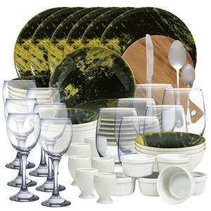 Serviciu Complet de Masa, 73 piese, pentru 6 persoane, Crem deschis, decor tip marmura negru-verde