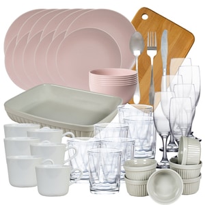 Set complet cu farfurii, Design Elegant, 62 piese, Roz pal mat