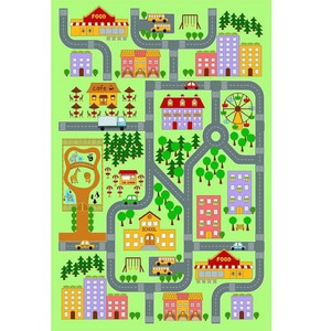 Covor cu print digital pentru copii DacEnergy, 100% poliester/spuma/pasla, model oras, 130x200 cm, multicolor