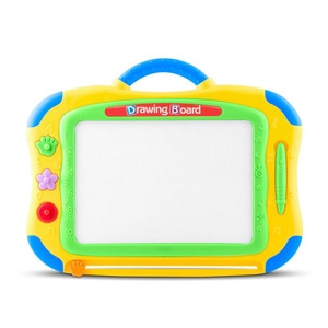 Tabla magnetica educativa DacEnergy, pentru desen si scris, cu creion, 3 timbre magnetice, stergere instantanee, 44 x 35 x 3,5 cm, galbena