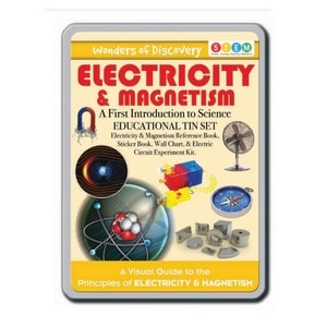 Carte cu activitati si stickere, North Parade Publishing, Electricity and magnets, cutie metalica, 6+ ani