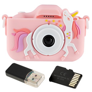 Aparat foto digital pentru copii Unicorn DacEnergy, ecran de 2 inch, Selfie, rezolutie 1080P, jocuri, card 32 GB si cititor de card, snur de transport, roz