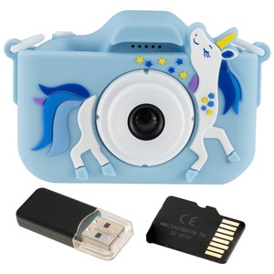 Aparat foto digital pentru copii Unicorn DacEnergy, ecran de 2 inch, Selfie, rezolutie 1080P, jocuri, card 32 GB si cititor de card, snur de transport, albastru