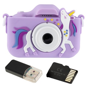 Aparat foto digital pentru copii Unicorn DacEnergy, ecran de 2 inch, Selfie, rezolutie 1080P, jocuri, card 32 GB si cititor de card, snur de transport, violet