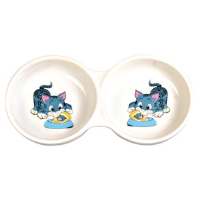 Castron Dublu Ceramica, Trixie, Pentru Pisici, 2x0.15 l/11 cm/23x3x11 cm, Alb, 4014