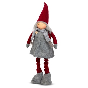 Figurina Decorativa Spiridus Scandinav de Craciun cu Picioare Telescopice, Model Fata cu Inaltime 40-60 cm, Culoare Gri/Rosu 