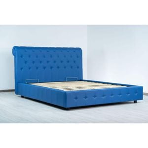 Pat tapitat Italflex Chester cu piele ecologica, lada si somiera rabatabila, 160x200, Albastru