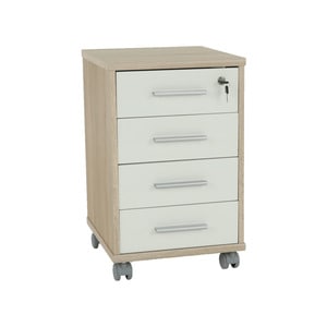 Dulapior birou DacEnergy, realizat din PAL melaminat, cu cheie, patru sertare, patru roti, 39x40,5x61,5 cm, stejar sonoma si alb