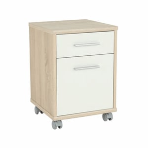 Dulapior birou DacEnergy, realizat din PAL melaminat, un sertare, o usa, 4 roti, 55x40.5x39 cm, finisaj stejar sonoma si alb