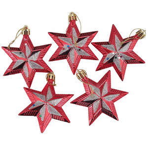 Set 5 globuri Holly, stelute, 7.5 cm, rosu