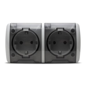 Priza Schuko Dubla Eva, cu Impamantare si capac, IP54, Montaj Aparent, Interior/Exterior, 220-240, 16A, 