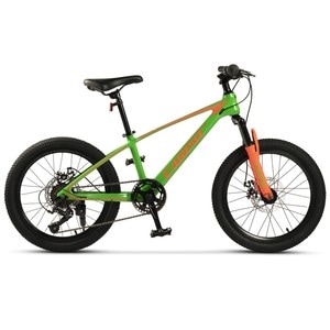 Bicicleta MTB de munte Carpat Hiro JSX20342, cadru din aluminiu cu cabluri integrate, suspensie fata, roata 20 inch, frana pe disc, 7 viteze, verde cu portocaliu