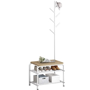 Cuier Quasar & Co., cu bancuta si raft incaltaminte, mobila hol, 54x35x170,5 cm, lemn/metal, alb