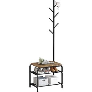 Cuier Quasar & Co., cu bancuta si raft incaltaminte, mobila hol, 54x35x170,5 cm, lemn/metal, negru