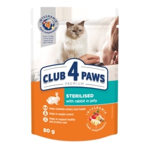 Hrana umeda completa Club 4 Paws Premium pentru pisici sterilizate, iepure in jeleu, 24x80g