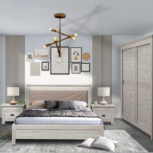Mobila dormitor Dormitor, pat 160 x 200 cm, dulap, 2 noptiere, gri