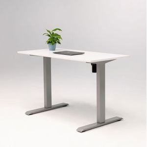Birou electric SmartAdjust, inaltime reglabila, controler sus/jos, 1 motor, cadru gri, blat alb 140x70 cm