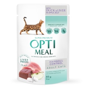 Hrana umeda completa pentru pisici OPTIMEAL Hairball Control, Adult, rata si ficat in jeleu de mere, 12 x 85 g