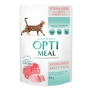 Hrana umeda completa pentru pisici OPTIMEAL Super Premium Sterilised, Adult, vita si file de curcan in jeleu, 12 x 85 g
