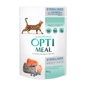 Hrana umeda completa pentru pisici OPTIMEAL Super Premium Sterilised, Adult, somon si afine salbatice in jeleu, 12 x 85 g