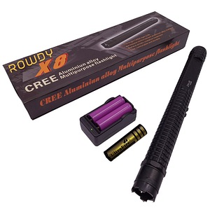 Baston electrosoc si lanterna IdeallStore, Rowdy X8, metalic, 35 cm, negru, acumulator inclus