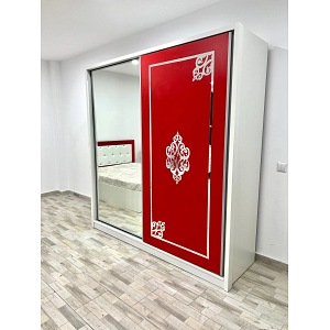 Dressing Milano cu oglinda, culoare alb / rosu, 200 x 206 x 60 cm, usi glisante