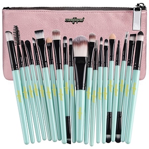 Set 20 pensule machiaj, zenifique, par sintetic, cu etui, maner verde