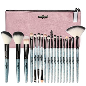 Set 18 pensule machiaj, zenifique, par sintetic, cu etui, maner cu glitter, albastru