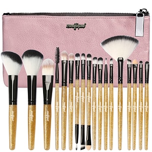 Set 18 pensule machiaj, zenifique, par sintetic, cu etui, maner cu glitter, auriu