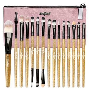 Set 15 pensule machiaj, zenifique, par sintetic, cu etui, maner cu glitter, auriu