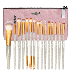 Set 15 pensule machiaj, zenifique, par sintetic, cu etui, maner cu glitter, argintiu