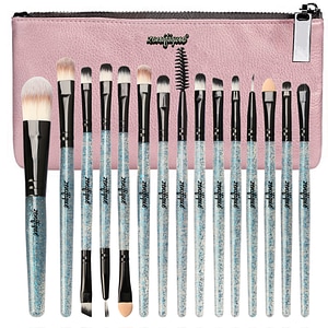 Set 15 pensule machiaj, zenifique, par sintetic, cu etui, maner cu glitter, albastru