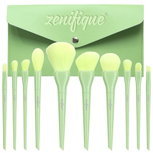 Set 10 pensule de machiaj zenifique, din par sintetic, forme diferite, cu gentuta pentru depozitare, verde