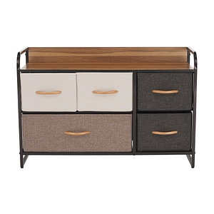 Comoda DacEnergy, constructie metalica, 5 sertare de panza, cu manere din lemn, 87.5 x 58 x 29 cm, nuante de maro