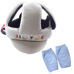 Set casca antisoc protectie cap bebelusi si copii, patrupedie, reglabila, gri, Genunchiere bebelusi, antialunecare, bumbac, albastre, mediLOGIC 