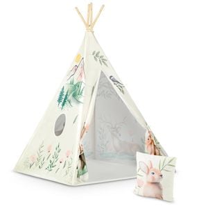 Cort de joaca pentru copii DacEnergy, realizat dinpoliester,stil Montessori,forma de tipi indian, operna si stabilizator inclus, imprimeu animale, bej