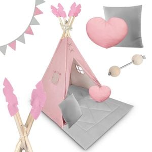 Cort de joaca pentru copii DacEnergy, realizat din material durabil, bumbac,stil Montessori,2 perne, pene decorative, un stabilizator,116 x 116 x 165 cm, roz
