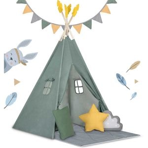 Cort de joaca pentru copii DacEnergy, realizat din material durabil, bumbac,stil Montessori,3 perne, pene decorative, un stabilizator,116 x 116 x 165 cm, verde