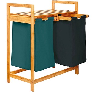 Cos de rufe, Quasar & Co., 2 compartimente si raft superior, bambus, 64 x 33 x 73 cm, negru/verde