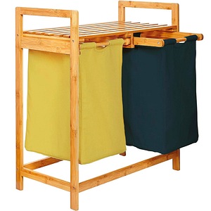Cos de rufe, Quasar & Co., 2 compartimente si raft superior, bambus, 64 x 33 x 73 cm, negru/galben