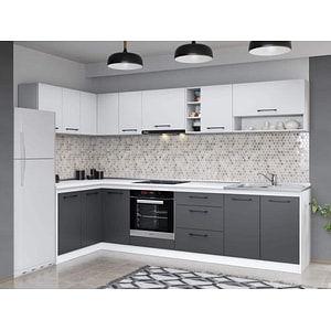 Set Mobila Bucatarie Colt, Mina Dual, Gri Antracit/Alb, C115, L 144/304 x A 60 x H 200 cm