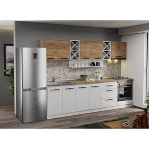Mobila Bucatarie, alba cu Stejar auriu, Aroma, 16, 280 cm, Blat 38mm, Termorezistent plus chiuveta