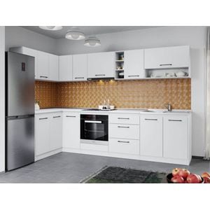 Set Mobila Bucatarie Colt, Mina Pure Alb, C62, L 144x304 x A 60 x H 200 cm