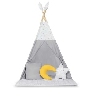 Cort de joaca pentru copii DacEnergy, realizat din material durabil, bumbac,stil Montessori,3 perne, pene decorative, un stabilizator,116 x 116 x 165 cm, gri deschis si alb