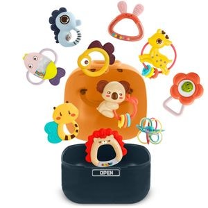 Set jucarii senzoriale si zornaitoare DacEnergy, pentru bebelusi fete si baieti, cutie frumoasa in forma de ursulet vesel, 10 buc,0-12 luni,colorate, distractive